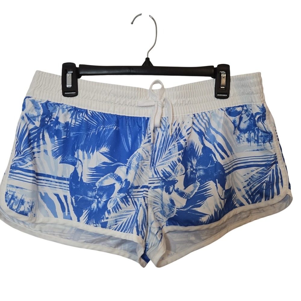OP Blue White Tropical Print Swim Shorts Women's Large Drawstring Beach Summer